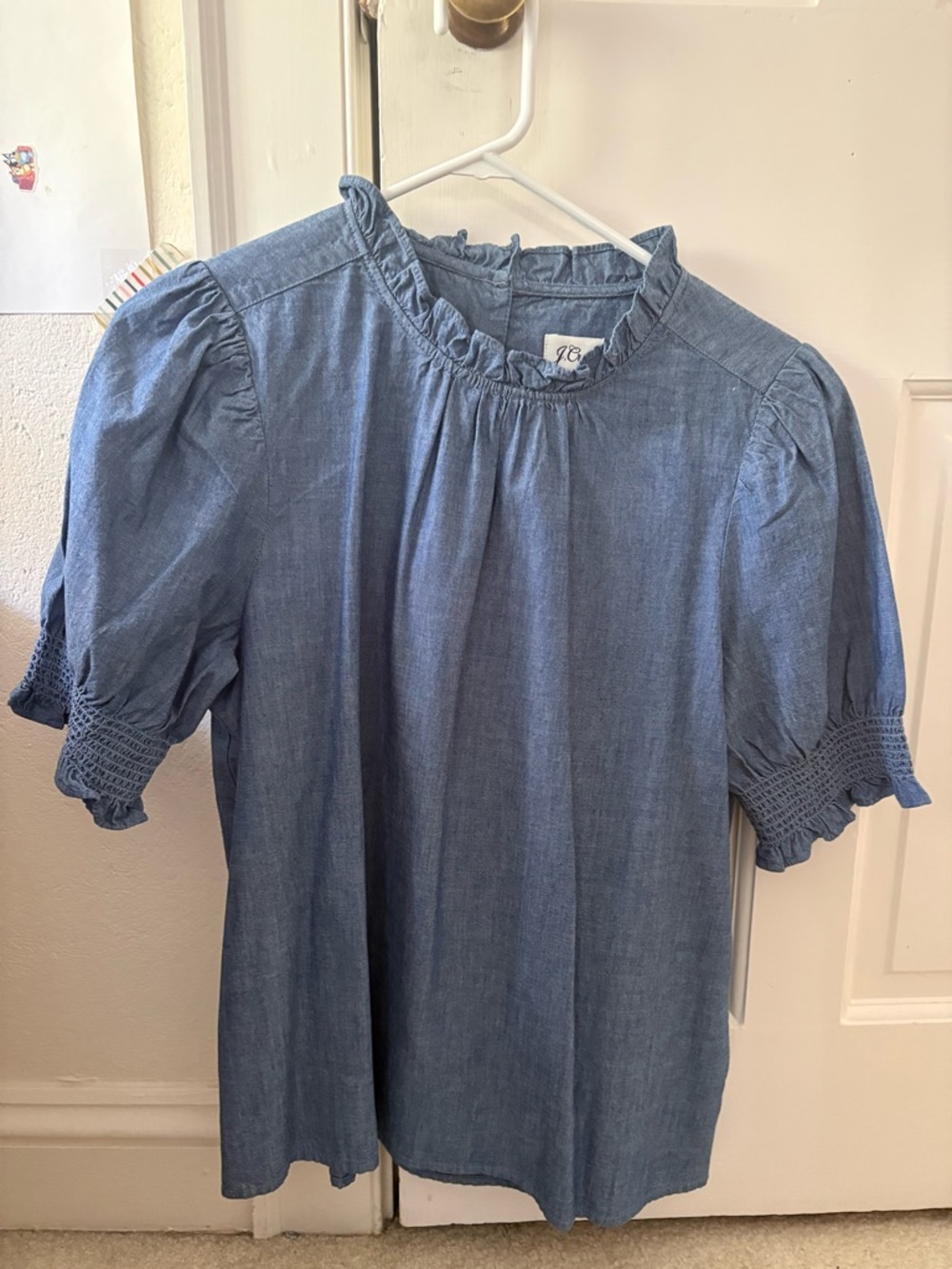 J. Crew Light Blue Chambray Ruffle Neck Puff Sleeve Blouse